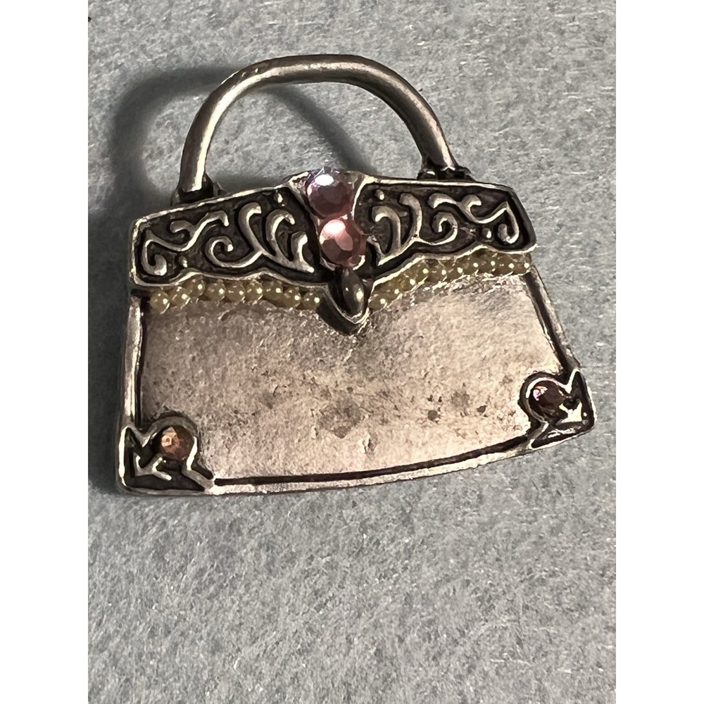 Vintage Purse with Pink Stones Silver Tone Lapel Pin Brooch Signed Hidden Hearts